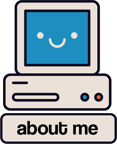 an old desktop computer icon featuring a blue smiling screen, the text below it reads 'about me'
